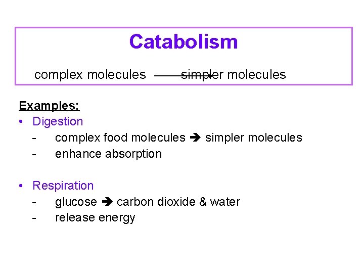 Catabolism complex molecules simpler molecules Examples: • Digestion complex food molecules simpler molecules enhance