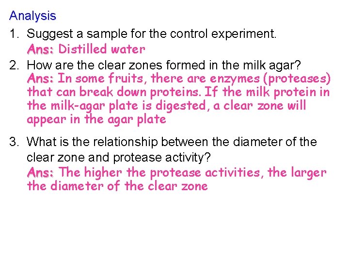 Analysis 1. Suggest a sample for the control experiment. Ans: Distilled water 2. How