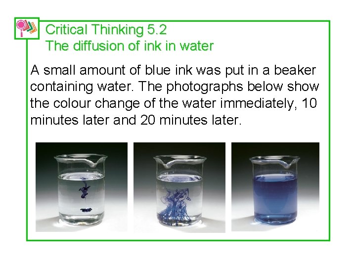 Critical Thinking 5. 2 The diffusion of ink in water A small amount of