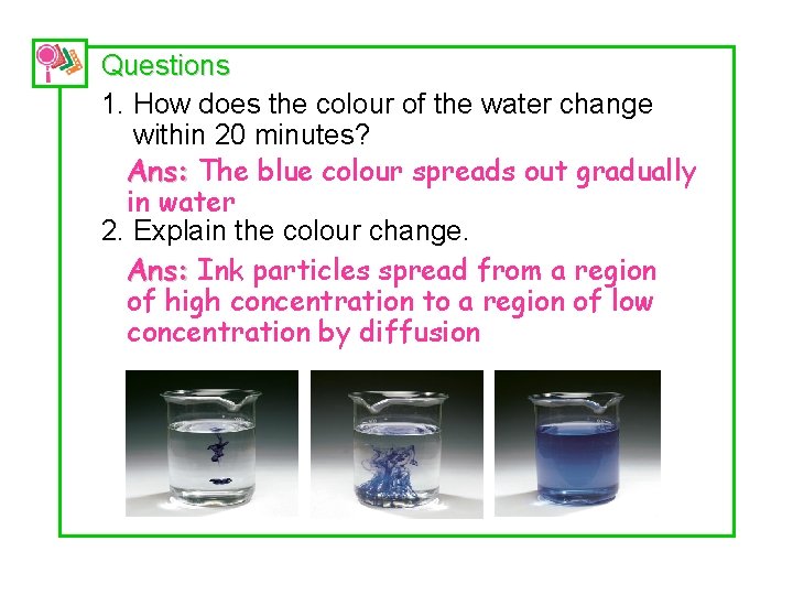 Questions 1. How does the colour of the water change within 20 minutes? Ans: