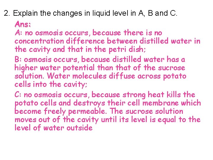 2. Explain the changes in liquid level in A, B and C. Ans: A: