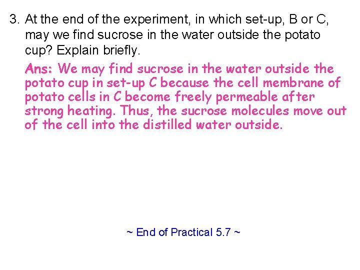 3. At the end of the experiment, in which set-up, B or C, may