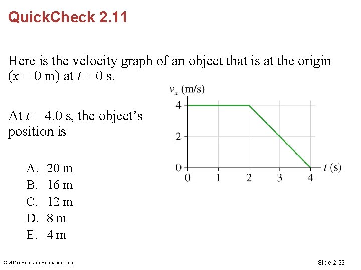 Quick. Check 2. 11 Here is the velocity graph of an object that is