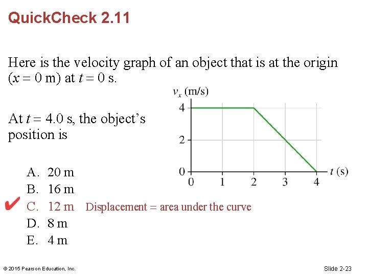 Quick. Check 2. 11 Here is the velocity graph of an object that is