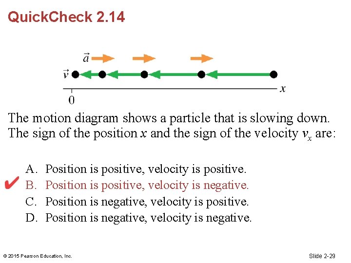 Quick. Check 2. 14 The motion diagram shows a particle that is slowing down.