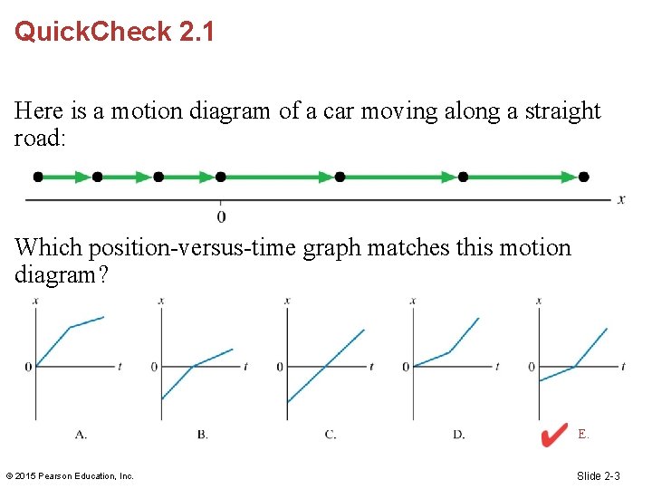 Quick. Check 2. 1 Here is a motion diagram of a car moving along