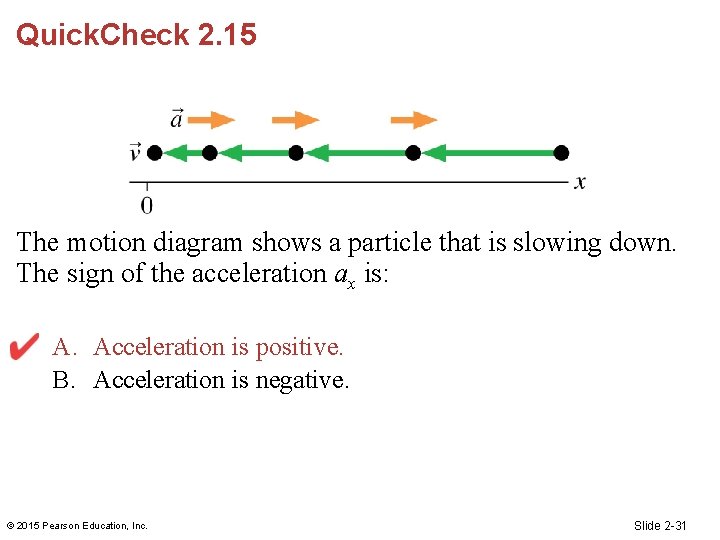 Quick. Check 2. 15 The motion diagram shows a particle that is slowing down.