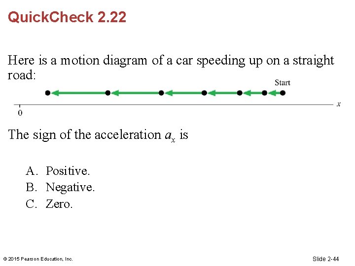 Quick. Check 2. 22 Here is a motion diagram of a car speeding up