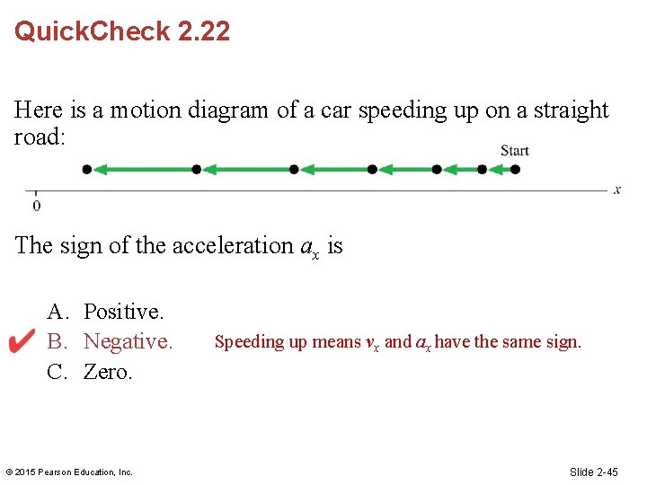 Quick. Check 2. 22 Here is a motion diagram of a car speeding up