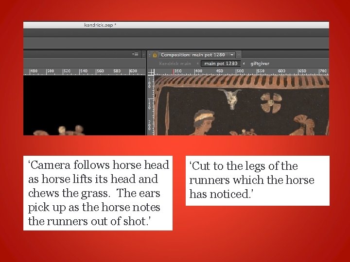 ‘Camera follows horse head as horse lifts its head and chews the grass. The