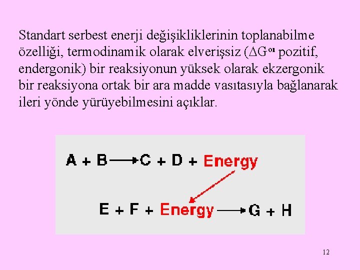 Standart serbest enerji değişikliklerinin toplanabilme özelliği, termodinamik olarak elverişsiz ( Goı pozitif, endergonik) bir
