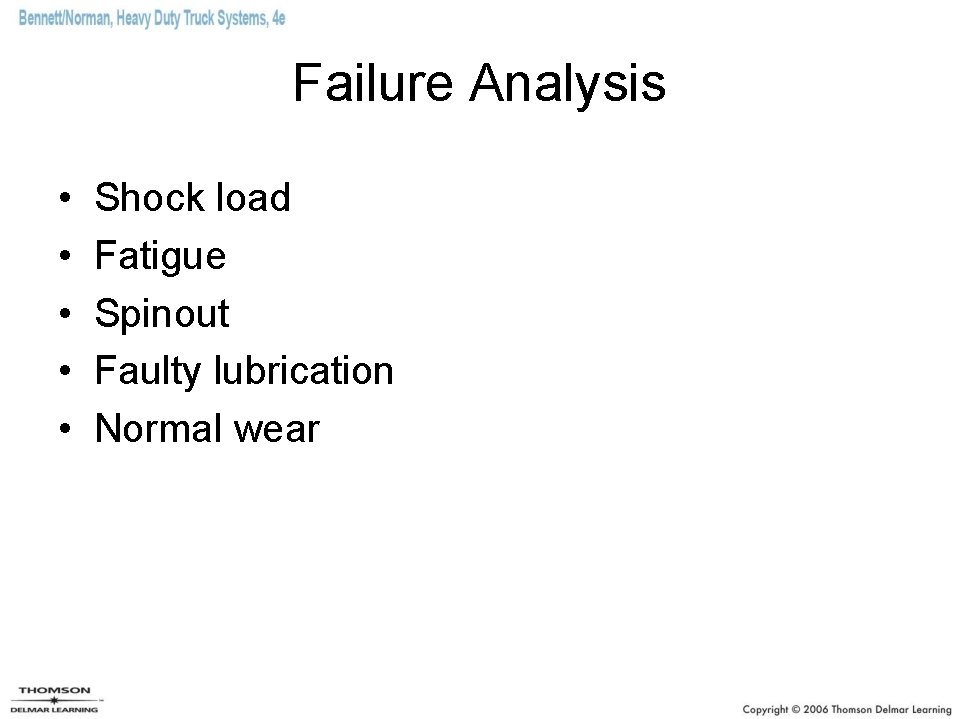 Failure Analysis • • • Shock load Fatigue Spinout Faulty lubrication Normal wear 