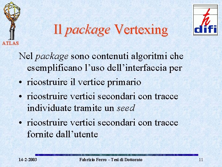 Il package Vertexing ATLAS Nel package sono contenuti algoritmi che esemplificano l’uso dell’interfaccia per
