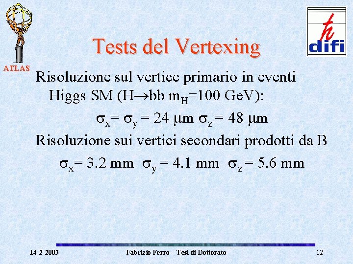 Tests del Vertexing ATLAS Risoluzione sul vertice primario in eventi Higgs SM (H bb