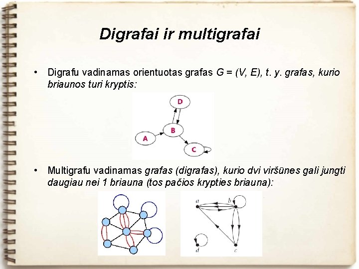 Digrafai ir multigrafai • Digrafu vadinamas orientuotas grafas G = (V, E), t. y.