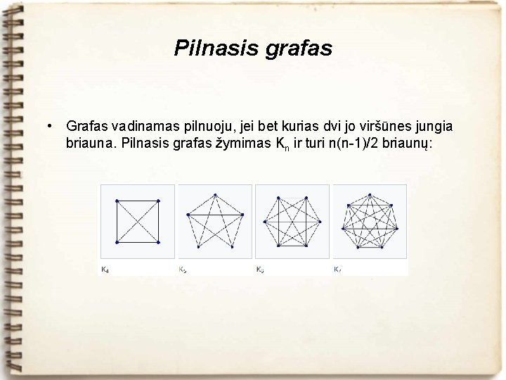 Pilnasis grafas • Grafas vadinamas pilnuoju, jei bet kurias dvi jo viršūnes jungia briauna.