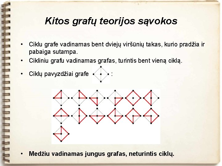 Kitos grafų teorijos sąvokos • Ciklu grafe vadinamas bent dviejų viršūnių takas, kurio pradžia