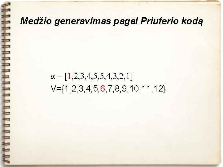 Medžio generavimas pagal Priuferio kodą α = [1, 2, 3, 4, 5, 5, 4,