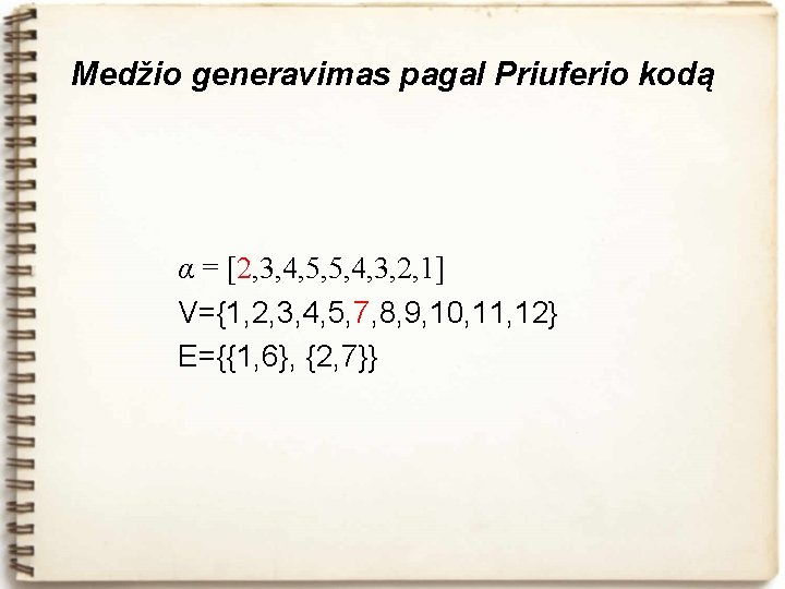 Medžio generavimas pagal Priuferio kodą α = [2, 3, 4, 5, 5, 4, 3,
