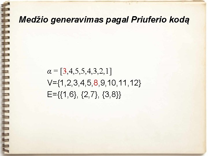 Medžio generavimas pagal Priuferio kodą α = [3, 4, 5, 5, 4, 3, 2,