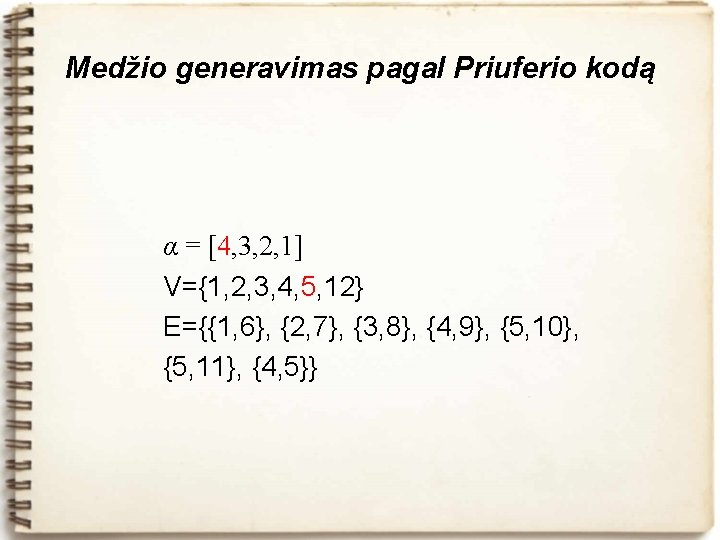Medžio generavimas pagal Priuferio kodą α = [4, 3, 2, 1] V={1, 2, 3,