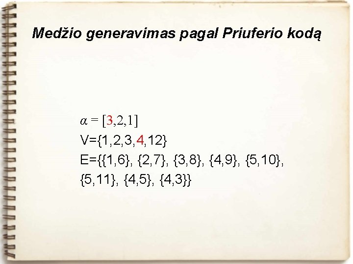 Medžio generavimas pagal Priuferio kodą α = [3, 2, 1] V={1, 2, 3, 4,