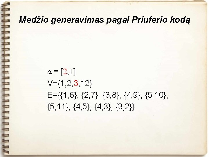 Medžio generavimas pagal Priuferio kodą α = [2, 1] V={1, 2, 3, 12} E={{1,