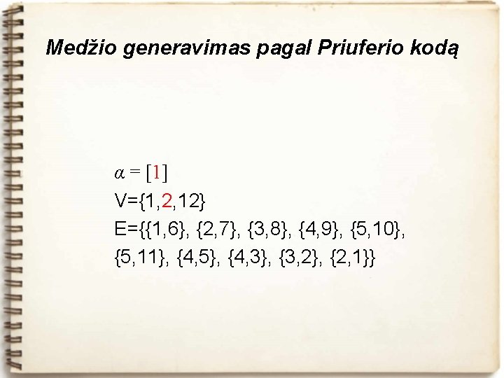 Medžio generavimas pagal Priuferio kodą α = [1] V={1, 2, 12} E={{1, 6}, {2,