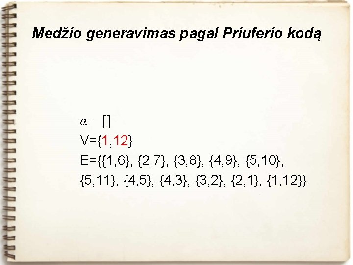 Medžio generavimas pagal Priuferio kodą α = [] V={1, 12} E={{1, 6}, {2, 7},