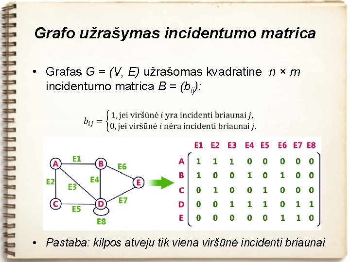 Grafo užrašymas incidentumo matrica • Grafas G = (V, E) užrašomas kvadratine n ×