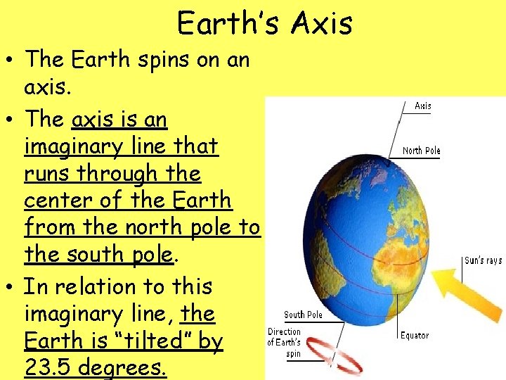 Earth’s Axis • The Earth spins on an axis. • The axis is an