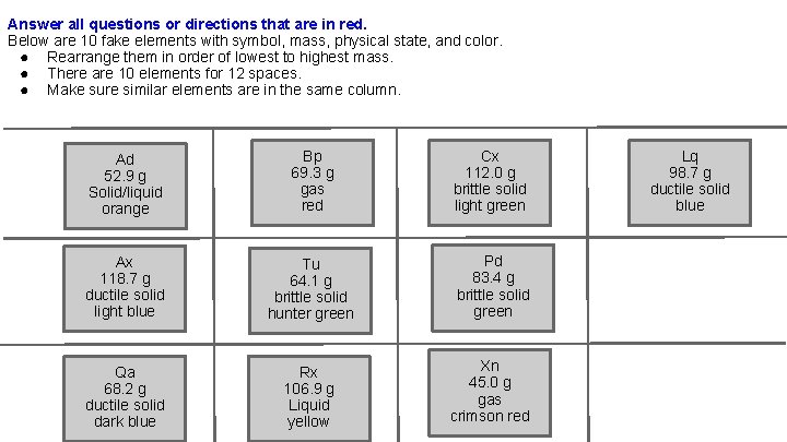 Answer all questions or directions that are in red. Below are 10 fake elements