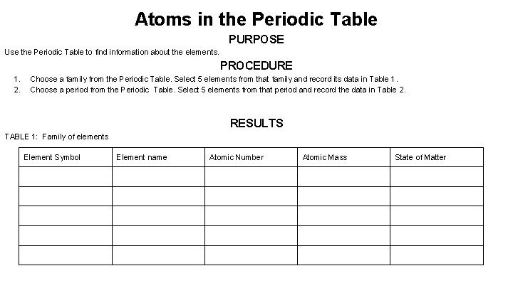 Atoms in the Periodic Table PURPOSE Use the Periodic Table to find information about