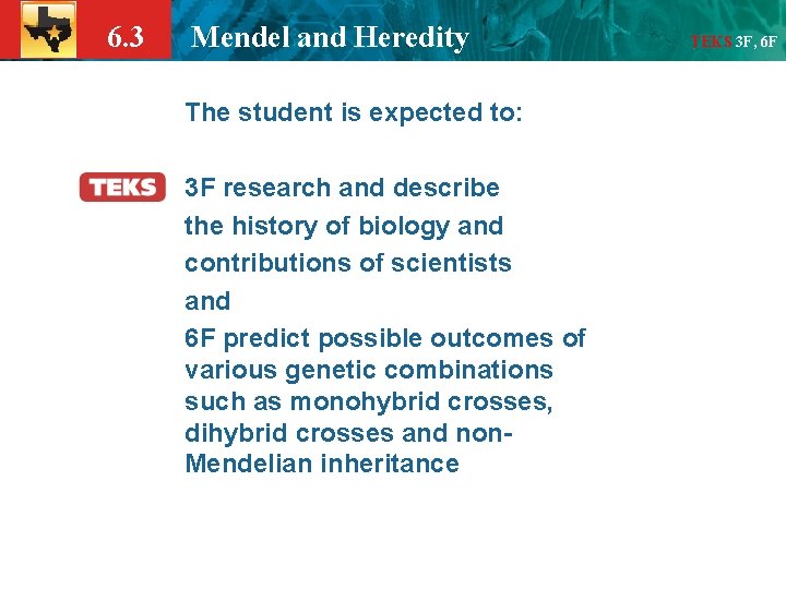 6. 3 Mendel and Heredity The student is expected to: 3 F research and