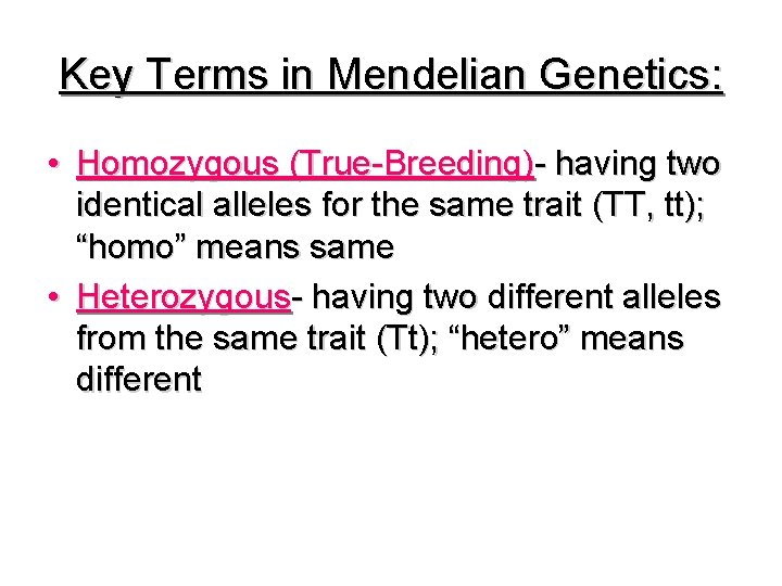 Key Terms in Mendelian Genetics: • Homozygous (True-Breeding)- having two identical alleles for the