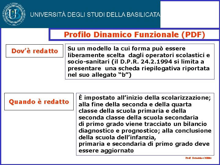 Profilo Dinamico Funzionale (PDF) Dov’è redatto Su un modello la cui forma può essere