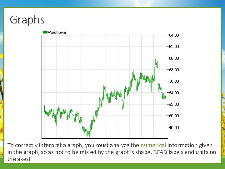 Graphs To correctly interpret a graph, you must analyze the numerical information given in