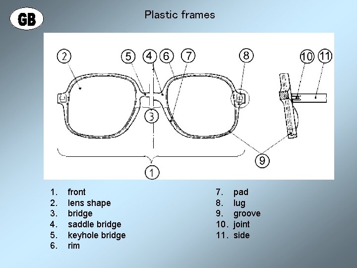 Plastic frames 1. 2. 3. 4. 5. 6. front lens shape bridge saddle bridge