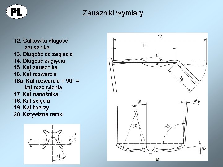 Zauszniki wymiary 12. Całkowita długość zausznika 13. Długość do zagięcia 14. Długość zagięcia 15.