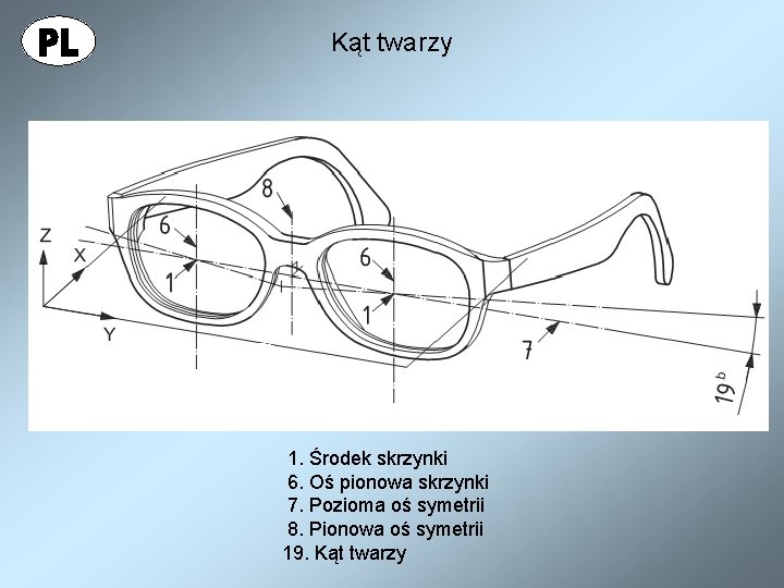 Kąt twarzy 1. Środek skrzynki 6. Oś pionowa skrzynki 7. Pozioma oś symetrii 8.