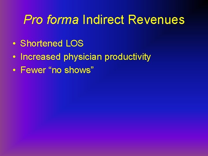 Pro forma Indirect Revenues • Shortened LOS • Increased physician productivity • Fewer “no