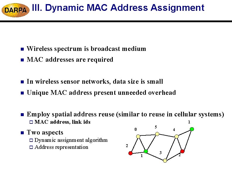 III. Dynamic MAC Address Assignment n Wireless spectrum is broadcast medium n MAC addresses III. Dynamic MAC Address Assignment n Wireless spectrum is broadcast medium n MAC addresses