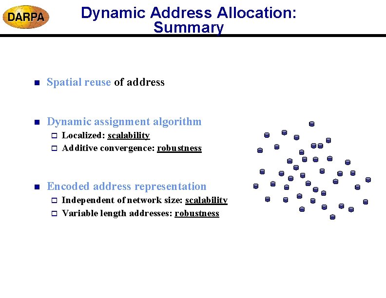 Dynamic Address Allocation: Summary n Spatial reuse of address n Dynamic assignment algorithm o Dynamic Address Allocation: Summary n Spatial reuse of address n Dynamic assignment algorithm o