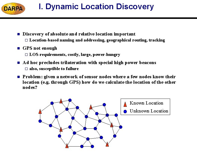 I. Dynamic Location Discovery of absolute and relative location important o n GPS not I. Dynamic Location Discovery of absolute and relative location important o n GPS not