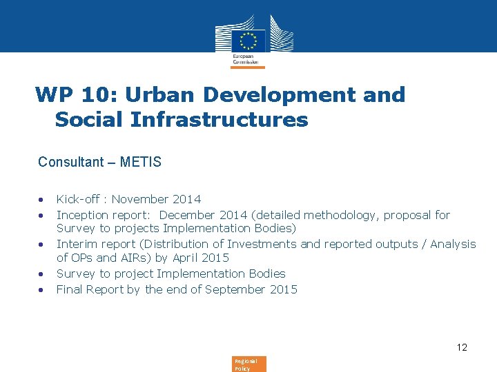 WP 10: Urban Development and Social Infrastructures Consultant – METIS • • • Kick-off