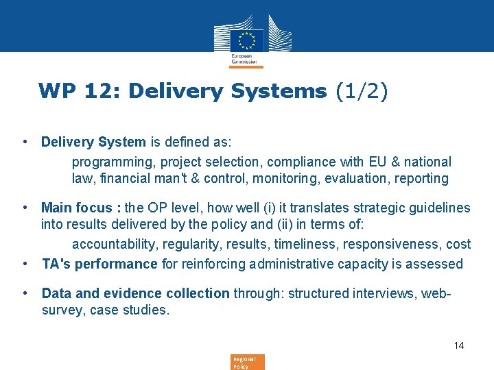 WP 12: Delivery Systems (1/2) • Delivery System is defined as: programming, project selection,