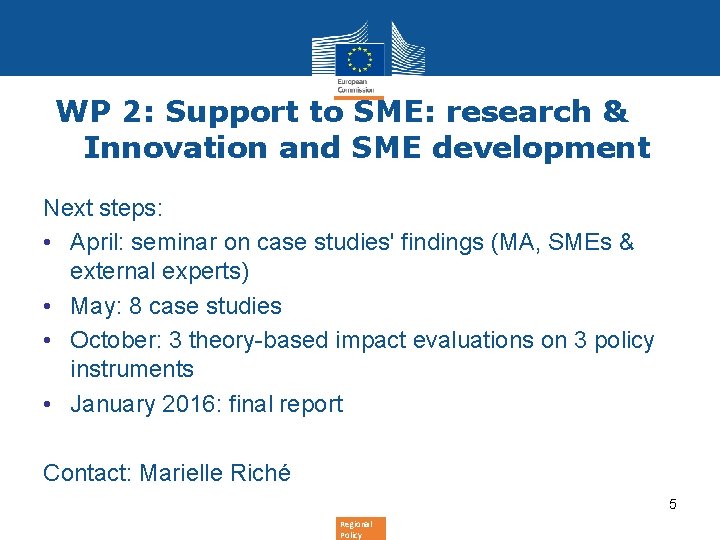 WP 2: Support to SME: research & Innovation and SME development Next steps: •