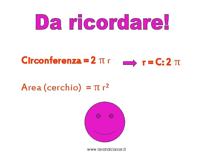 Circonferenza = 2 π r Area (cerchio) = π r² www. lavoridiclasse. it r