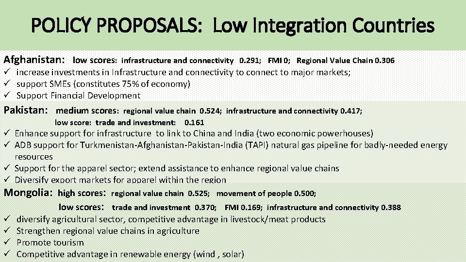 POLICY PROPOSALS: Low Integration Countries Afghanistan: low scores: infrastructure and connectivity 0. 291; FMI
