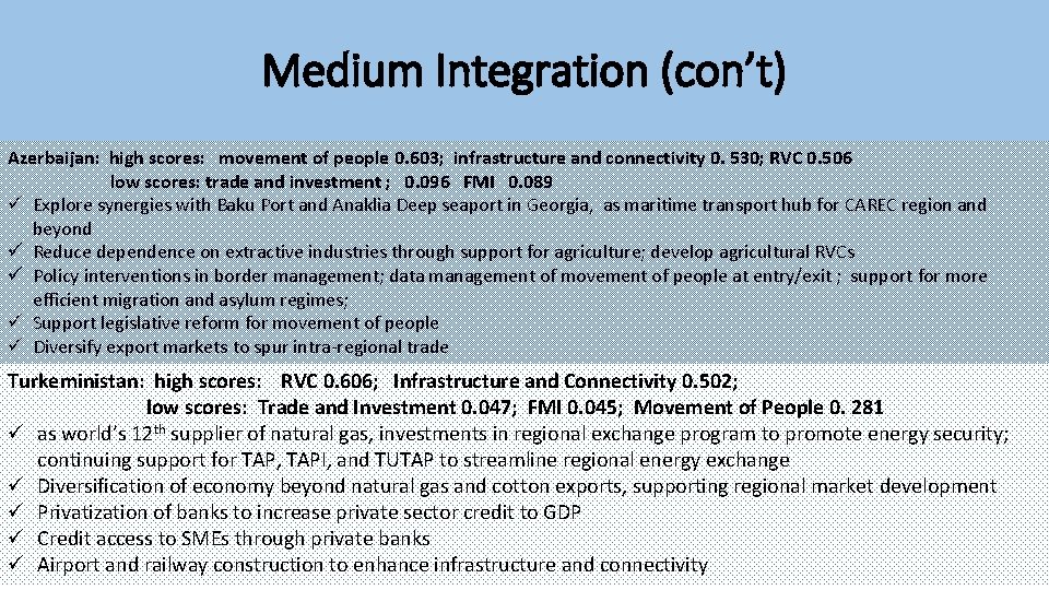 Medium Integration (con’t) Azerbaijan: high scores: movement of people 0. 603; infrastructure and connectivity